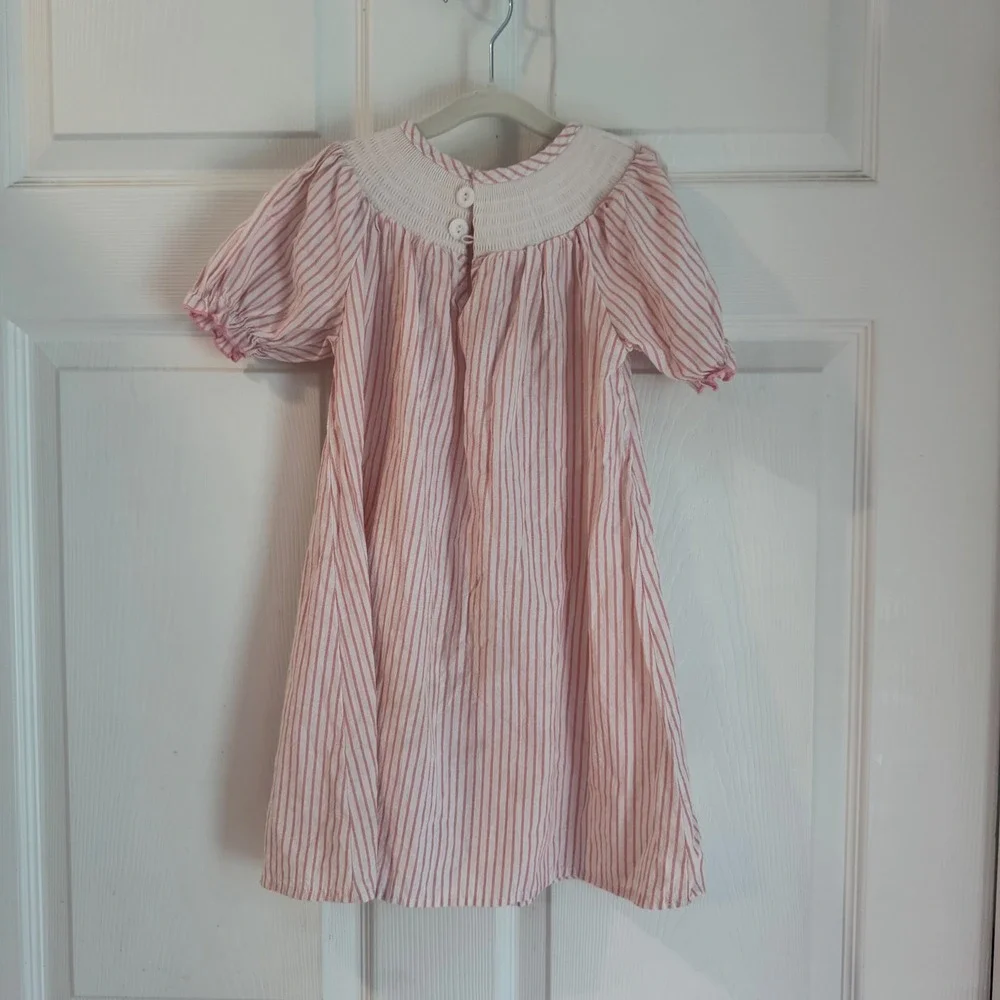 Smocked Dress Girls Size 5 Pink White Striped Embroidered Hearts Valentine
